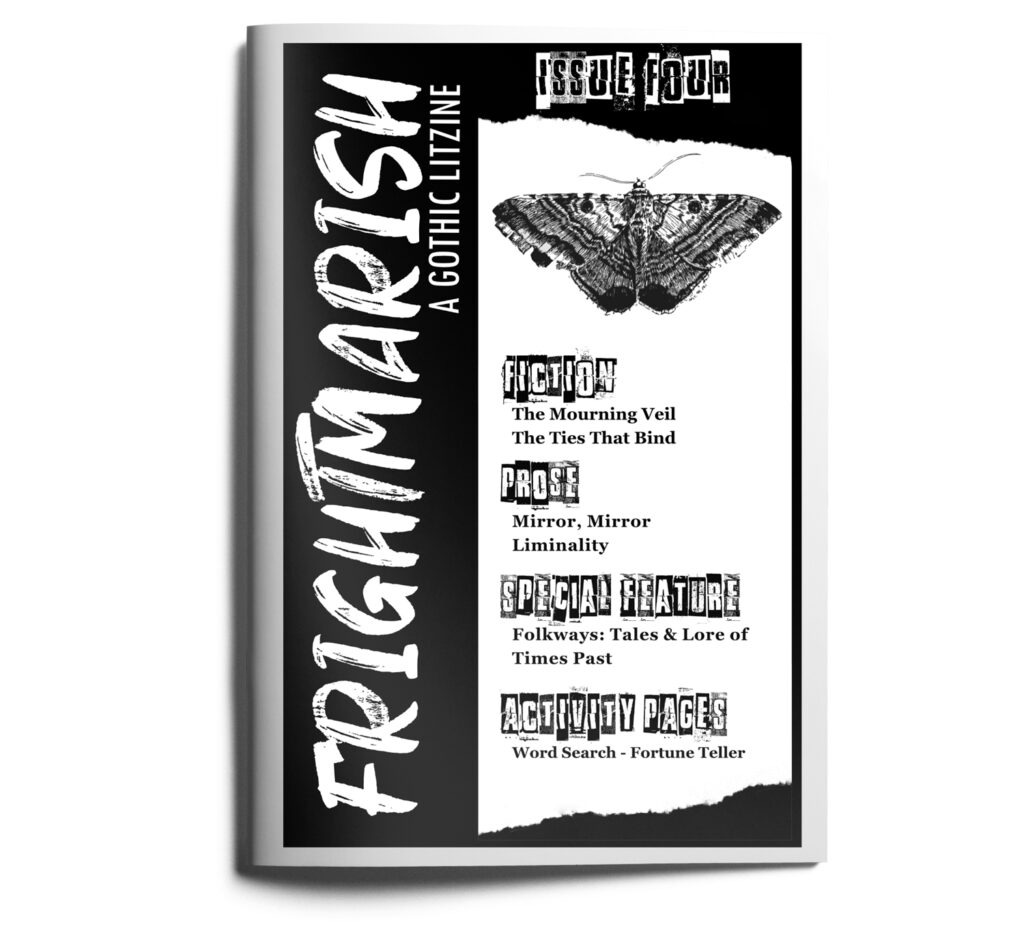Cover of issue 4 of Frightmarish Zine, featuring a black & white moth