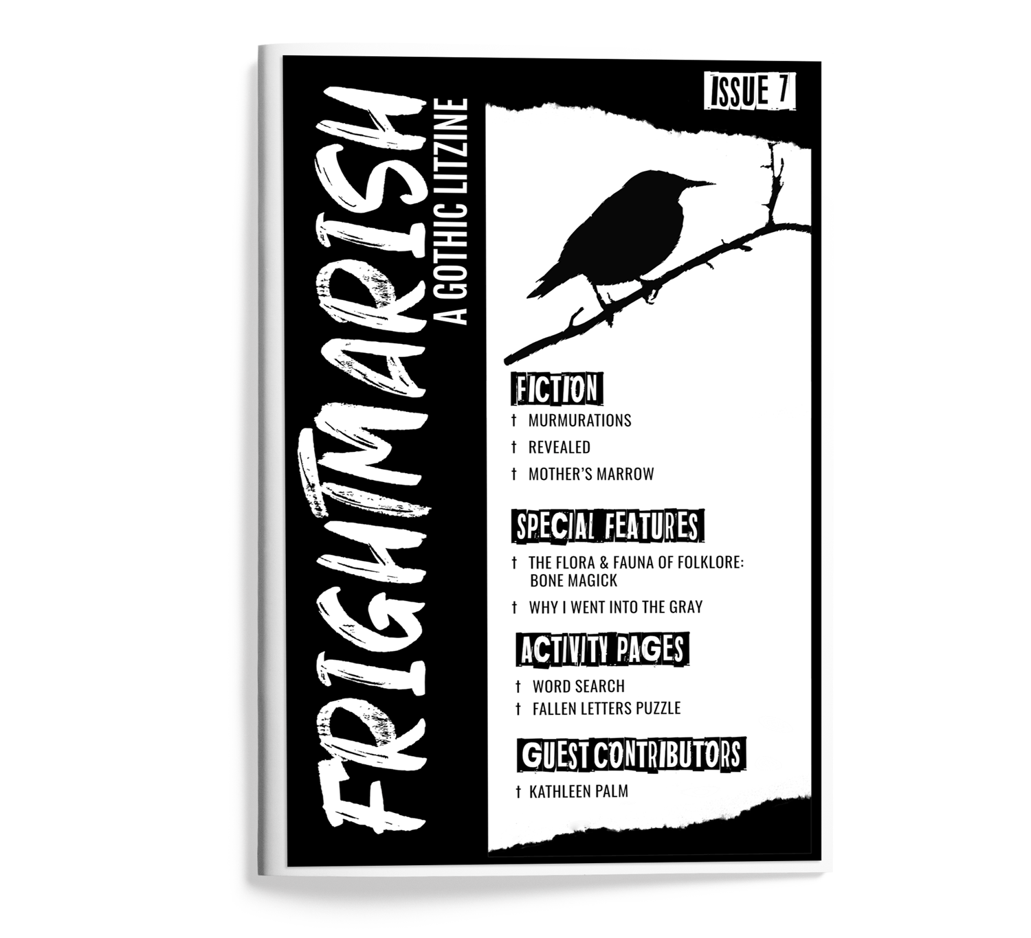 Cover of Issue 7 of Frightmarish Zine with an image of a black bird sitting on a black skeletal-looking branch