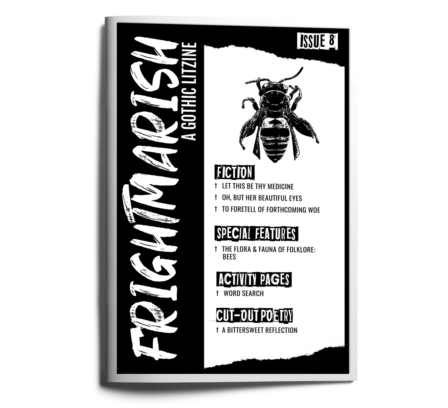 Cover of issue 8 of Frightmarish Zine with a black & white bee